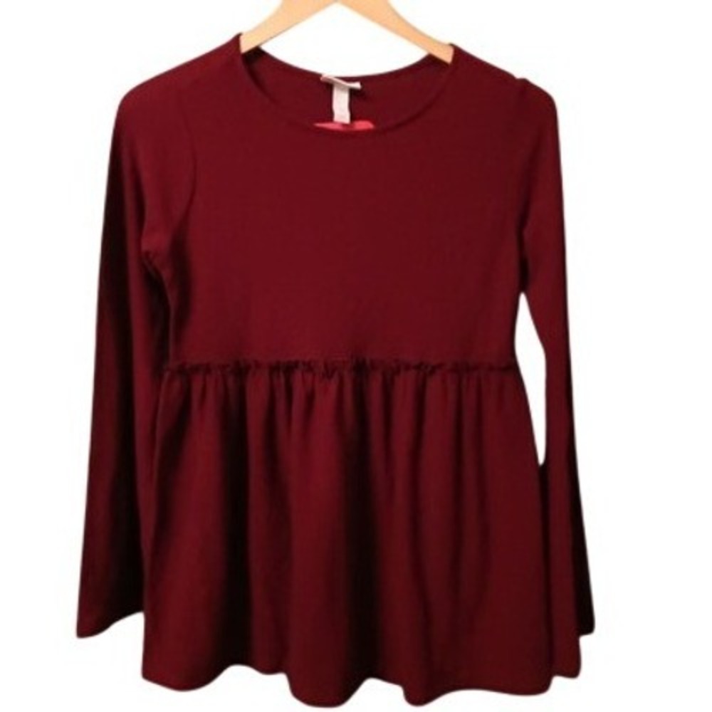 Isabel Maternity Burgundy Long Sleeve Ruffle Peplum Baby doll Top XS NWT
